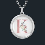 Colar Banhado A Prata Monograma cor-de-rosa - Letra floral K Buquê de aq<br><div class="desc">Colar monograma com sua inicial em flores bonito de brilho e aquarela. A letra floral K é desenhada em brilho rosado empoeirado, embelezado com um buquê de flores cor-de-rosa e marfim e verde. Um presente adorável para qualquer mulher e qualquer ocasião. Também uma ideia adorável como um favor de casamento,...</div>