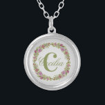 Colar Banhado A Prata Monograma Floral Verde Rosa Púrpura Dando-Lhe pres<br><div class="desc">Personalize este Colar de Prata Redonda com seu sobrenome ou nome e seu nome inicial. Você pode alterar a fonte ou a cor do texto.</div>