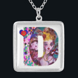 COLAR BANHADO A PRATA NAMORADOS VENETIAN MONOGRAM D - LETRA<br><div class="desc">D letra alfabética design inicial com coração. Branca vibrante e pintura artística com confete colorido..Amor mítico entre Harlequin e Columbine,  pintura acrílica inspirada em máscaras de pena veneziana e Commedia dell'arte - Veneza. Cor verde-rosa-púrpura brilhante.</div>