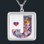 COLAR BANHADO A PRATA NAMORADOS VENETIAN MONOGRAM J LETTER<br><div class="desc">J letra alfabética design inicial com coração. Branca vibrante e pintura artística com confete colorido..Amor mítico entre Harlequin e Columbine,  pintura acrílica inspirada em máscaras de pena veneziana e Commedia dell'arte - Veneza. Cor verde-rosa-púrpura brilhante.</div>