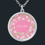 Colar Banhado A Prata Nome do Monograma Caligrafia Floral Verde Rosa<br><div class="desc">Monograma deste bonito colar floral floral cor-de-rosa e verde com seu nome ou iniciais. Estes colares fazem dons de damas de excelente,  presentes de Dia de as mães e presentes para qualquer mulher na sua vida.</div>