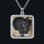 Colar Banhado A Prata Nome preto personalizado da foto do cão do<br><div class="desc">Personalize esta lembrança com sua foto do cão ou do filhote de cachorro e nome (ou a outra foto do animal de estimação ou da pessoa/nome). O texto lê o "melhor cão nunca" ou adiciona seu próprio texto - nós amamos Bella (o nome do cão), aniversário do cão ou dia...</div>