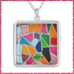 Colar Banhado A Prata Padrão Mosaico Colorido<br><div class="desc">Estilo de azulejo de padrão de mosaico colorido.</div>