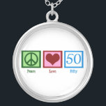 Colar Banhado A Prata Peace Love 50º Festa de Bons Dias de Nascimento<br><div class="desc">Um sinal de paz,  coração,  e o número 50. Um presente de excelente quinquagésimo aniversário.</div>
