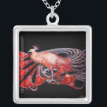 COLAR BANHADO A PRATA PEACOCK ELEGANTE EM VERMELHO E PRETO<br><div class="desc">Design colorida e elegante com gemstones 3D brilhantes design gráfico digital por Búlgaro Lumini. Parte da nova coleção ARCADIA.</div>