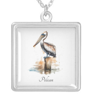Colar Banhado A Prata pelicano em pé sobre uma aquarela de vara