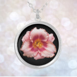 Colar Banhado A Prata Pink Daylily Bloom no Floral Negro<br><div class="desc">Faça uma declaração de moda com este pingente de colar com uma corrente que mostra a imagem fotográfica de um florescimento Daylily cor-de-rosa sobre um fundo preto. Um design floral adorável! Selecione sua forma,  tamanho e acabamento metálico do pendente.</div>