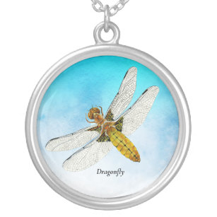 Colar Banhado A Prata Pintura de Aquarela de Dragonfly Amarela