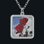 Colar Banhado A Prata Rosas vermelhas contra o céu azul brilhante<br><div class="desc">Rosas vermelhas Contra uma Foto Brilhante do Céu Azul por Sandy Closs,  tirada no lago Arrohead. "rosa vermelha""rosas vermelhas""rosa rosa rosa""rosas cor-de-rosa""casamentos""presente de amor""flor vermelha""flores vermelhas" rosa vermelho azul vermelho rosa "presentes com rosas"</div>