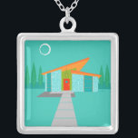 Colar Banhado A Prata Space Age Cartoon Square Necklace<br><div class="desc">This Space Age Cartoon House Square Necklace is a retro lover’s dream come true. The minimalist art design features an aqua stone house with large, peacock blue windows. Hanging from the atomic, slanting, orange roof, a yellow sputnik light fixture illuminates the front door. The recessed red front door with starburst...</div>