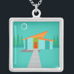 Colar Banhado A Prata Space Age Cartoon Square Necklace<br><div class="desc">This Space Age Cartoon House Square Necklace is a retro lover’s dream come true. The minimalist art design features an aqua stone house with large, peacock blue windows. Hanging from the atomic, slanting, orange roof, a yellow sputnik light fixture illuminates the front door. The recessed red front door with starburst...</div>