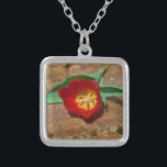 Colar Banhado A Prata Tulipa Vermelha primavera<br><div class="desc">Primavera Red Tulip,  contra uma rocha marrom no lago Arrohead. Foto de Sandy Closs. Páscoa,  floral,  flores vermelhas,  Primavera,  namorados,  dias de os namorados,  casamento,  casamentos,  Dias de os namorados</div>