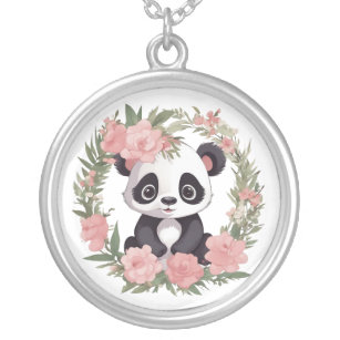 Colar Banhado A Prata Urso de Panda Adorável com Flores
