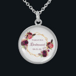 Colar De Prata Esterlina Borboleta de flores de cor d'água de Bridesmaid<br><div class="desc">Um presente do estilo "boêmia" da moda para a Bridesmaid. Decorado com rosas de cor aquosa,  em burgundy e rosa. Fundo branco elegante. Um quadro geométrico dourado. Com o texto: Bridesmaid escrita com um script de estilo manuscrito. Modelo para o nome da Bridesmaid e uma data. Letras coloridas brilhantes.</div>