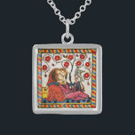 COLAR DE PRATA ESTERLINA PARCHE DE DIA DE OS NAMORADOS DE AMOR ETERNO<br><div class="desc">Arte fina antiga e expressiva colorida. Miniatura alemã heráldica medieval de 1200 amantes românticos num jardim floral com um pássaro branco, misturada com efeitos pergaminhos castanhos velhos. Fácil de personalizar como cerimônia de casamento, cartão de anúncio nupcial, cartões de lugar, guardar a data, cartões de agradecimentos, chás românticos, chás de...</div>