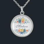 Colar De Prata Esterlina Primavera Floral Chic Modern Personalizado Nome<br><div class="desc">Este design moderno apresenta um primavera floral em bonito coral, amarelo, azul-lacre e marinho com seu nome personalizado. Personalize editando o texto na caixa de texto fornecida. #floral #flores #botânico #personalizado #nome #bridesmaidgifts #bridalparty #bridalpartygifts #casamentos #moderno #na moda #elegante #casamento #acessórios #gifts #giftsforher #personalizedgifts #nome_ponteiro #primavera #feminina #girinha #azul #navyblue...</div>