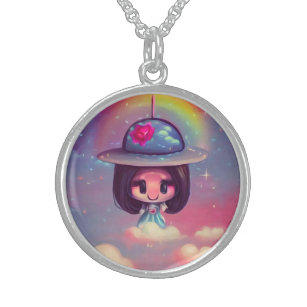 Colar De Prata Esterlina Surreal Kawaii Rainbow Doll com chapéu