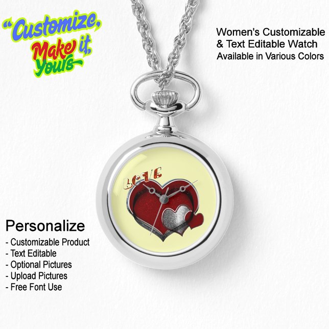 Colar Relógio de Prata Coração Mágico Face Amarela (Women's Heart Magic Silver Necklace Watch Featuring a Yellow Face.)