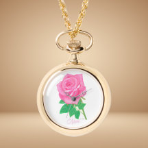 Colar Relógio Flor Rosa Pink Ouro