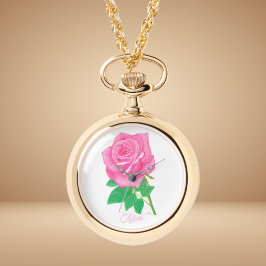 Colar Relógio Flor Rosa Pink Ouro