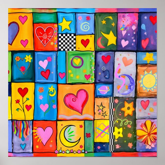 Colcha Patchwork Hearts | Impressão Colorida de Ar (Frente)