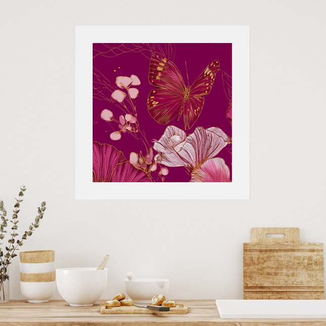 Coleção Borboleta Rosa pôster quadrado (Cozinha)