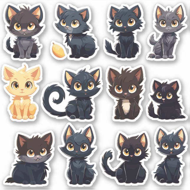 Coleção De Adesivos Cute Cats (12 Gatos) (Frente)