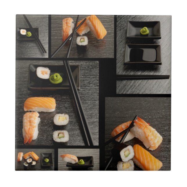 Coleção do sushi no fundo preto (Frente)