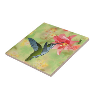 Colibri e lírio cor-de-rosa no teste padrão flor