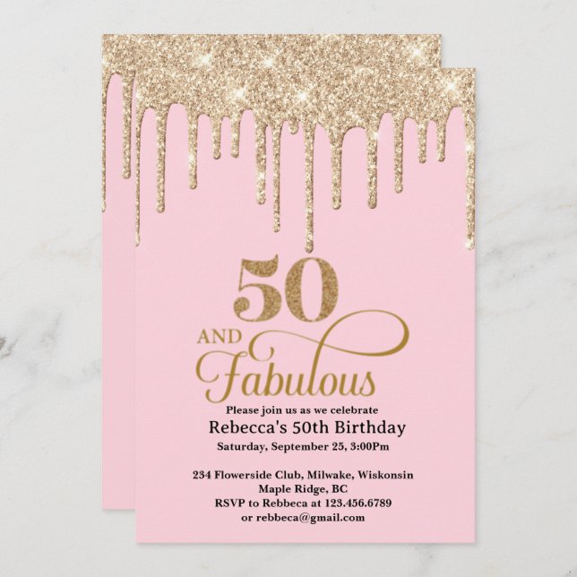 Colírio rosa e Dourado 50º Convite de Aniversário (Frente/Verso)