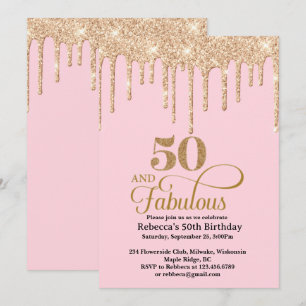 Colírio rosa e Dourado 50º Convite de Aniversário