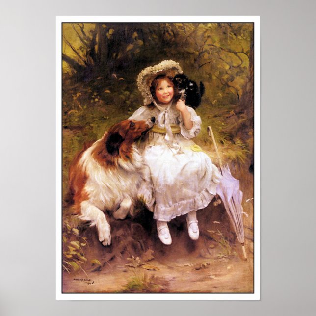 Collie Dog, Girl and Cat Poster Impressão (Frente)