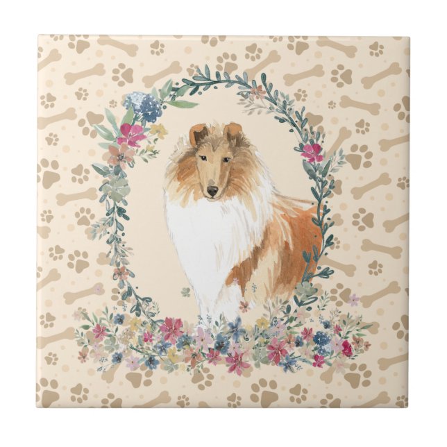 Collie Dog Paw Imprime Beige Floral (Frente)