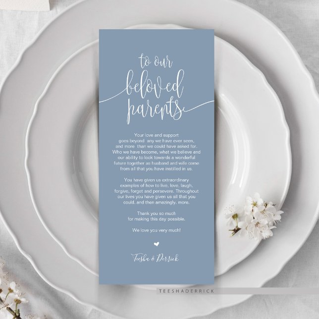 Colocar Cartões de agradecimentos de Configuração  (Wedding Dinner or Elopement Brunch Place Setting Thank You Card, In Modern Romantic Dusty Blue)