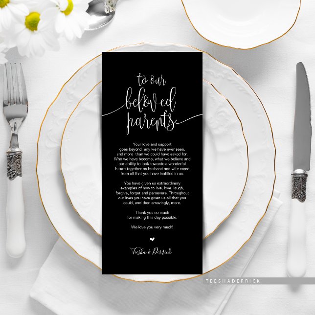 Colocar Cartões de agradecimentos de Configuração  (Wedding Dinner or Elopement Brunch Place Setting Thank You Card, In Modern Classy Black and White.)