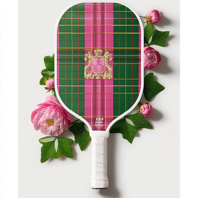 Coloração rosa-da-Xadrez e monograma verde (Stylish Preppy Pink and Green Plaid Pickleball Paddle )
