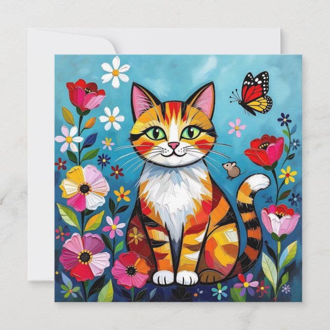 Colorful Cat, Flowers and Butterfly  (Frente)