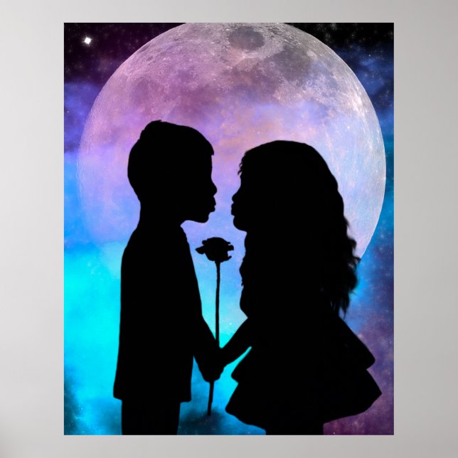 Colorful Full Moon Silhouette Young Love Poster (Frente)