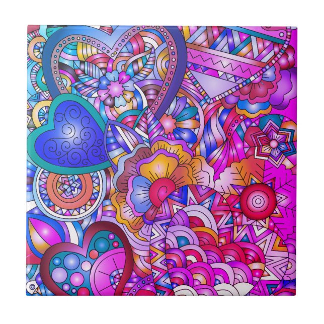 Colorful Hearts and Flowers Abstract Art (Frente)