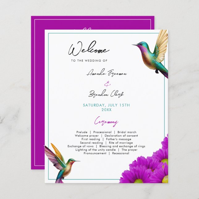 Colorful Hummingbirds Purple Daisies Wedding (Frente/Verso)