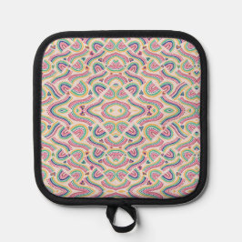 Colorful mandala-patterned pot holder with black 