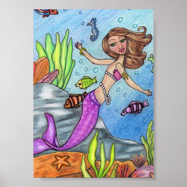 Colorful Mermaid and Fish Poster (Frente)