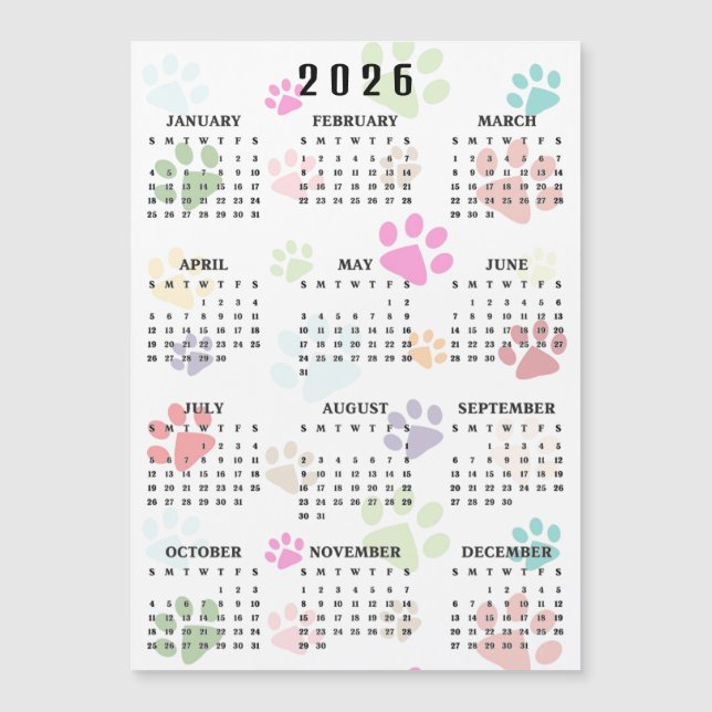 Colorful Paw Prints 2026 Calendar Magnetic Card (Frente)