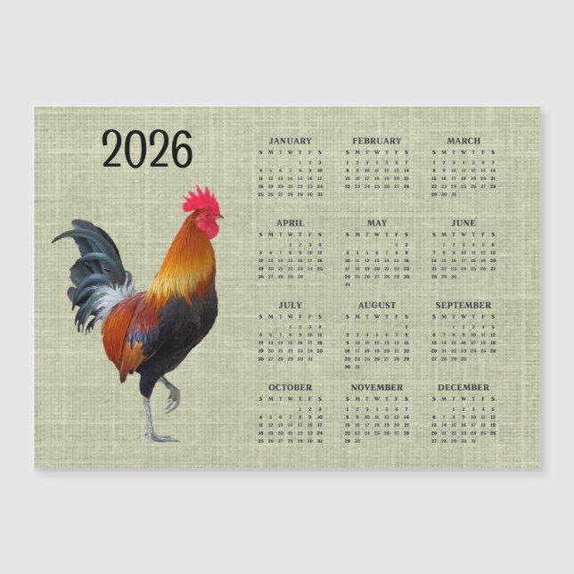 Colorful Rooster 2026 Calendar Magnetic Card (Frente)