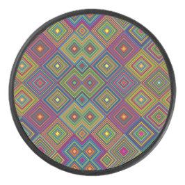 Colorful round item with vibrant geometric diamond