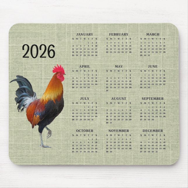 Colorful Strutting Rooster 2026 Calendar Mousepad (Frente)
