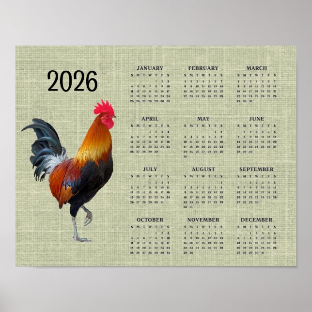 Colorful Strutting Rooster 2026 Calendar Poster (Frente)
