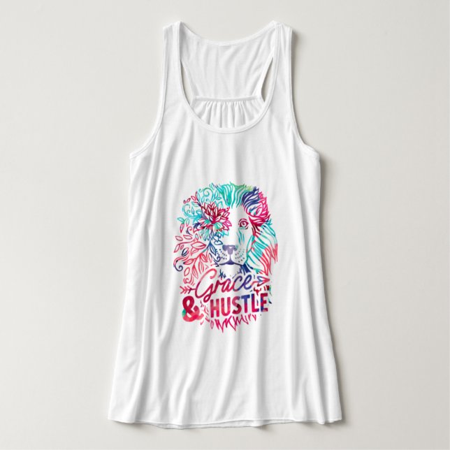 Colorida Camiseta Grace e Hustle Lion (Frente do Design)