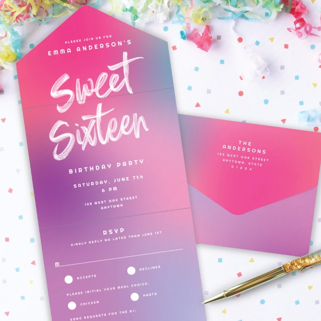 Colorida Divertida, Doce Moderno, Dezesseis Festas (Fun Colorful Modern Sweet Sixteen Birthday Party All In One Invitation)