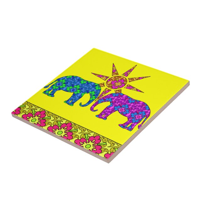 Colorida Paisley Elephants Tile Trivet (Lateral)